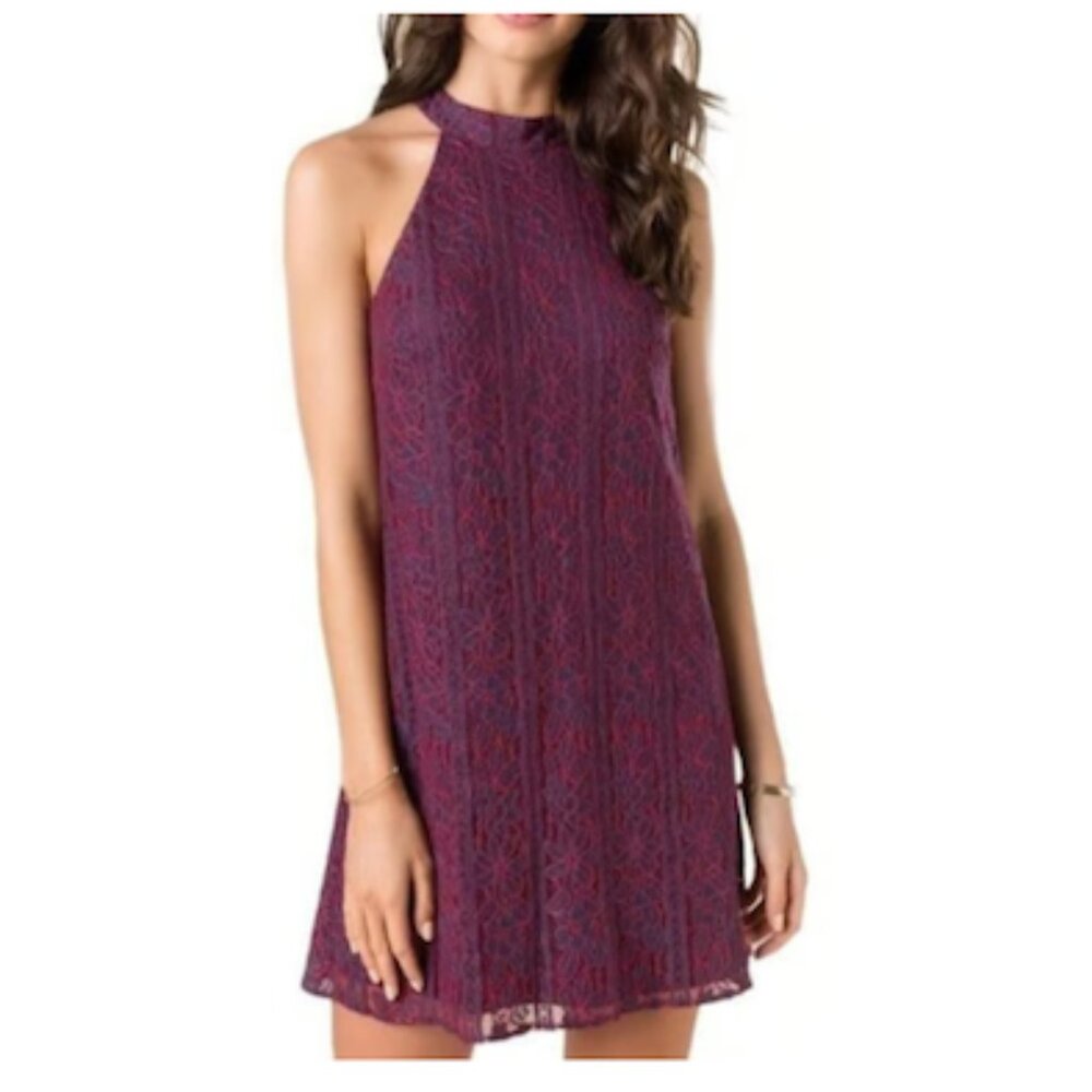 328 Alya Francesca's Womens Red & Blue High Neck Lace Overlay Mini Dress Size S